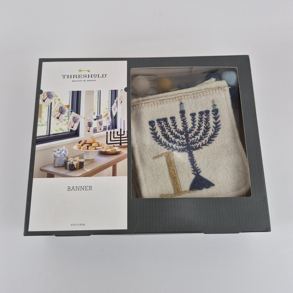 Threshold Hanukkah Menorah Banner 6ft Embroidered Fabric Pom Pom Garland Ivory